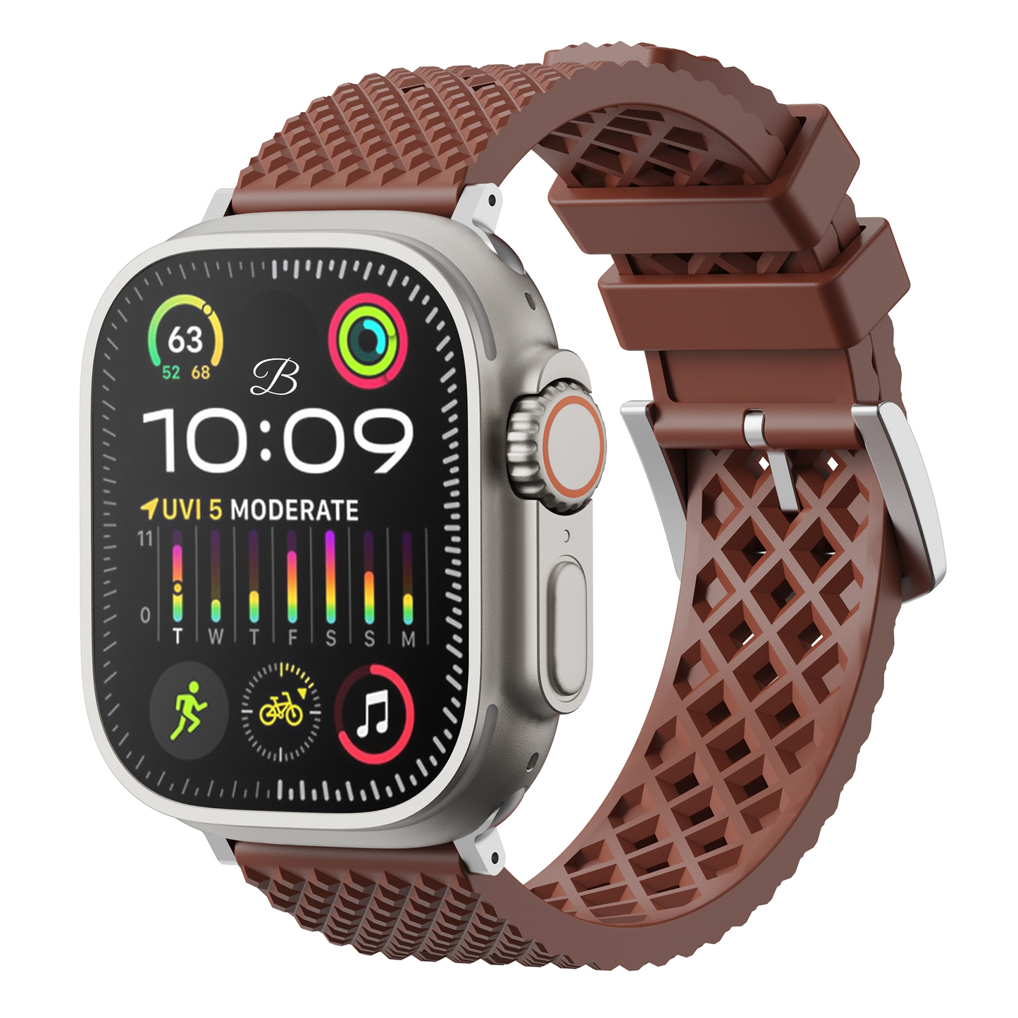 Smartwatch with a brown textured band on a white background
