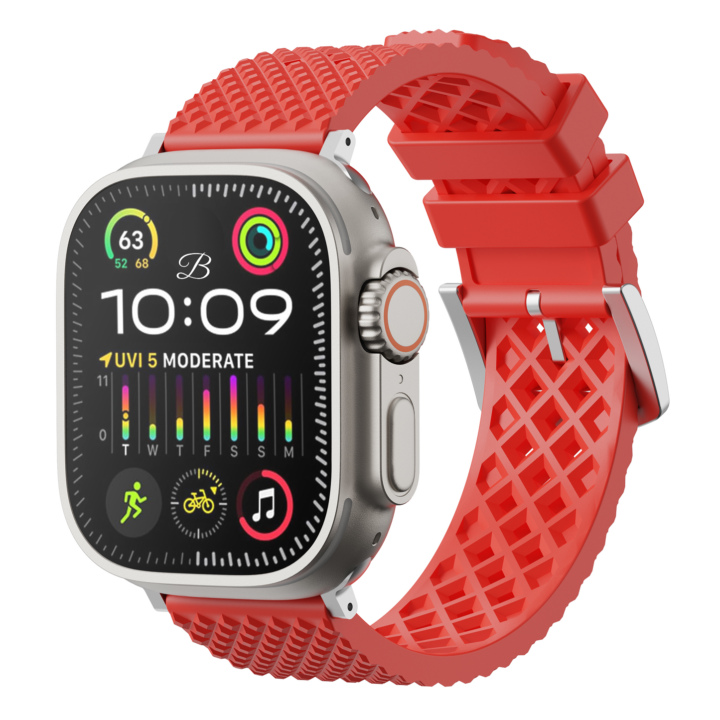 Smartwatch with a red band on a white background