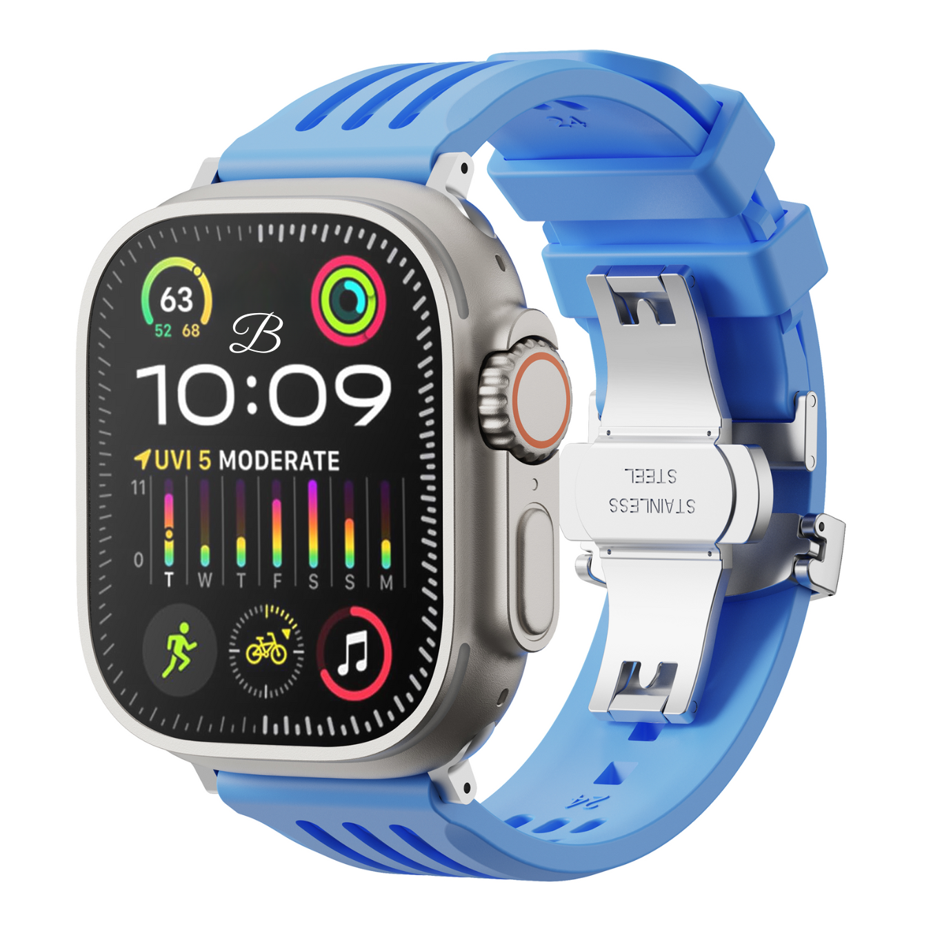 Apple watch with a blue strap on a white background