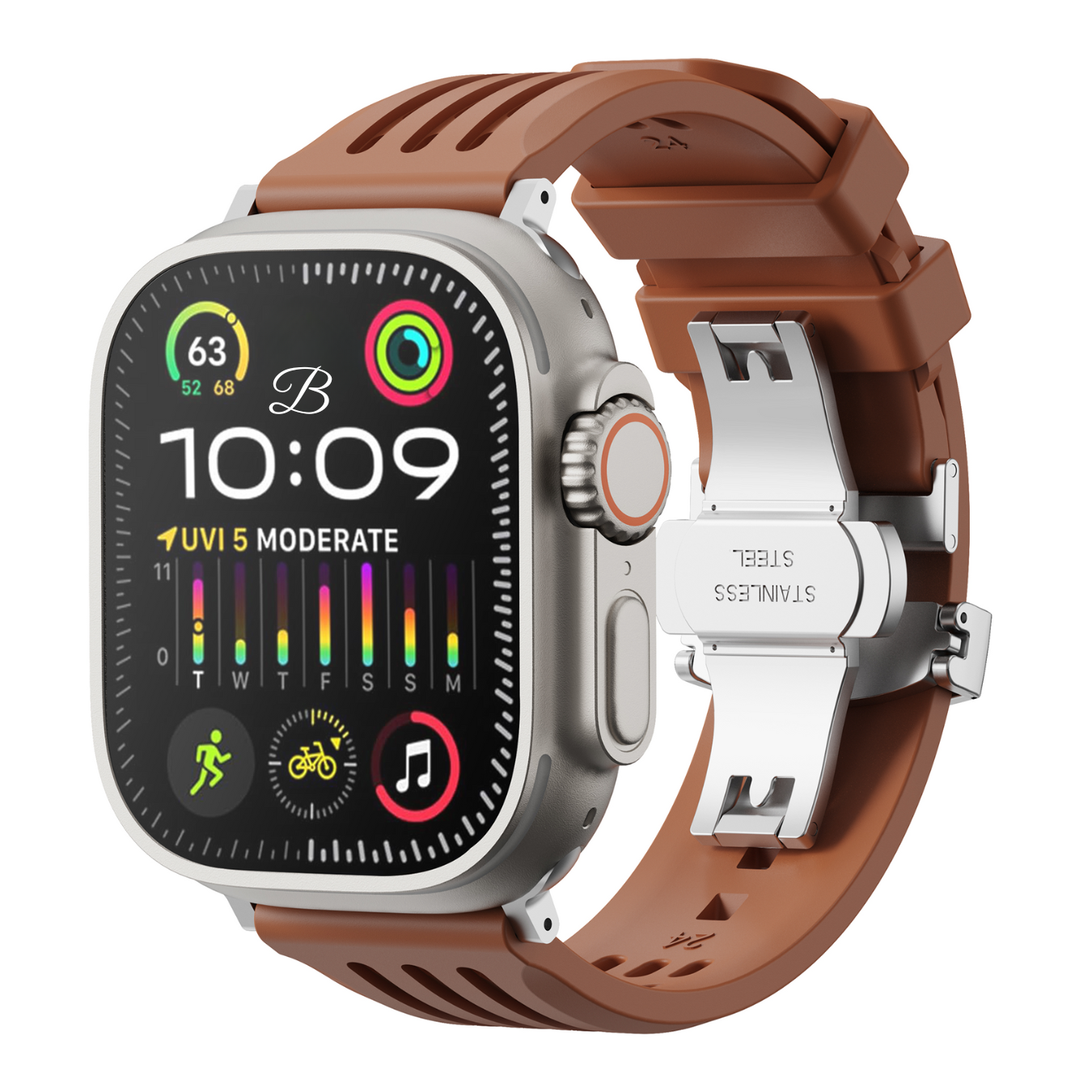 Apple watch with a brown strap and metal back on a white background