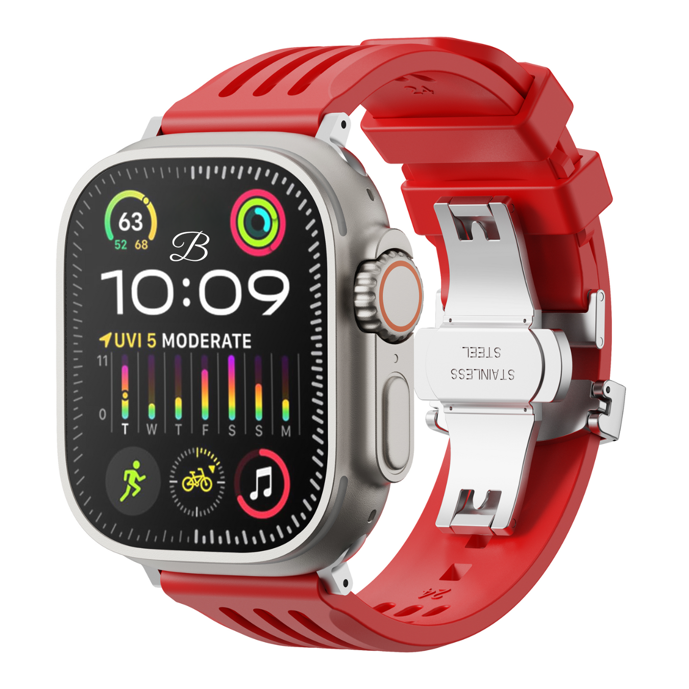 Apple watch with a red band on a white background