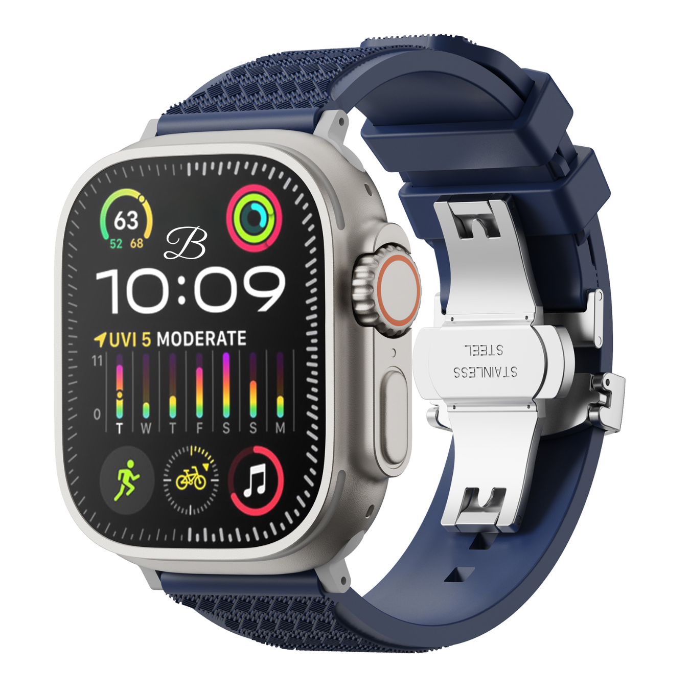Smartwatch with a blue band on a white background