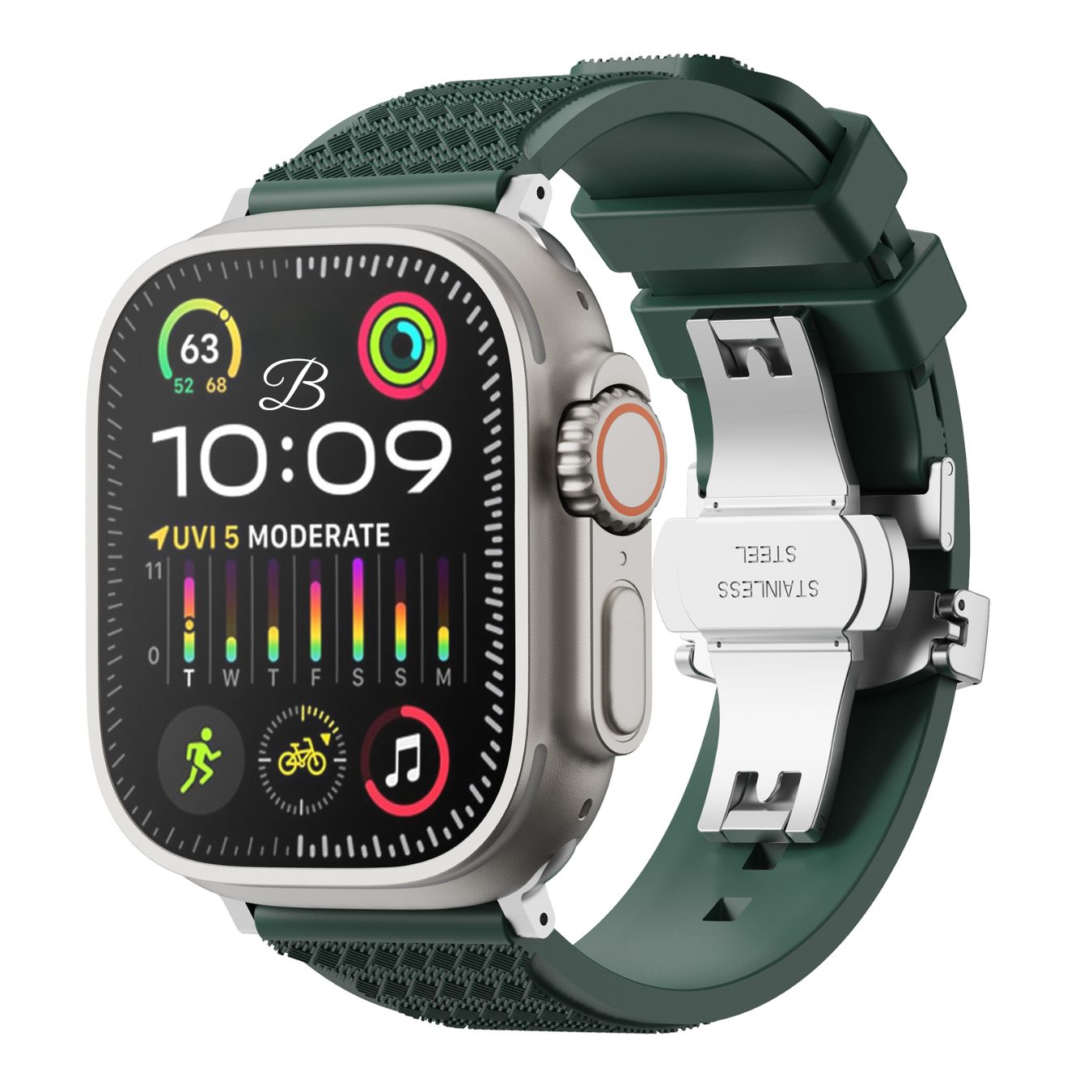 Smartwatch with a green band on a white background