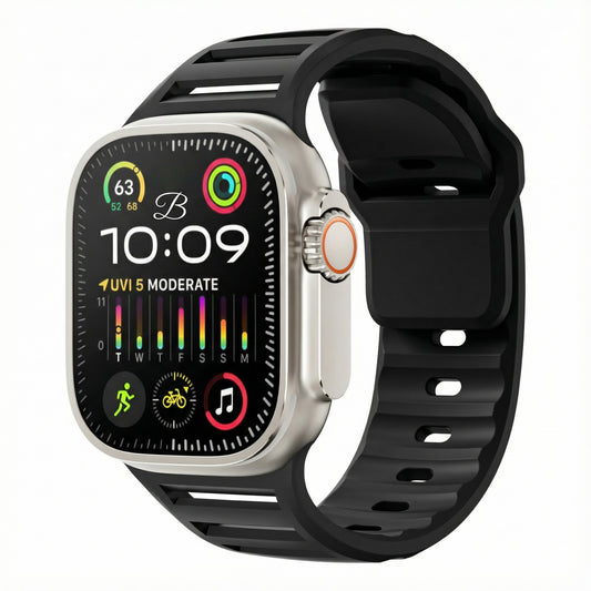 The Flow Black Silicone Apple Watch Strap – Front View on Apple Watch Ultra