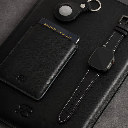 Black leather MacBook sleeve and passport sleeve with Apple Watch and AirTag holder – The Bridge