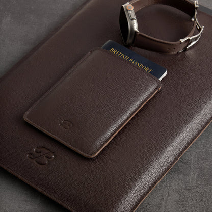 Brown leather MacBook sleeve and passport sleeve with Apple Watch and AirTag holder – The Bridge