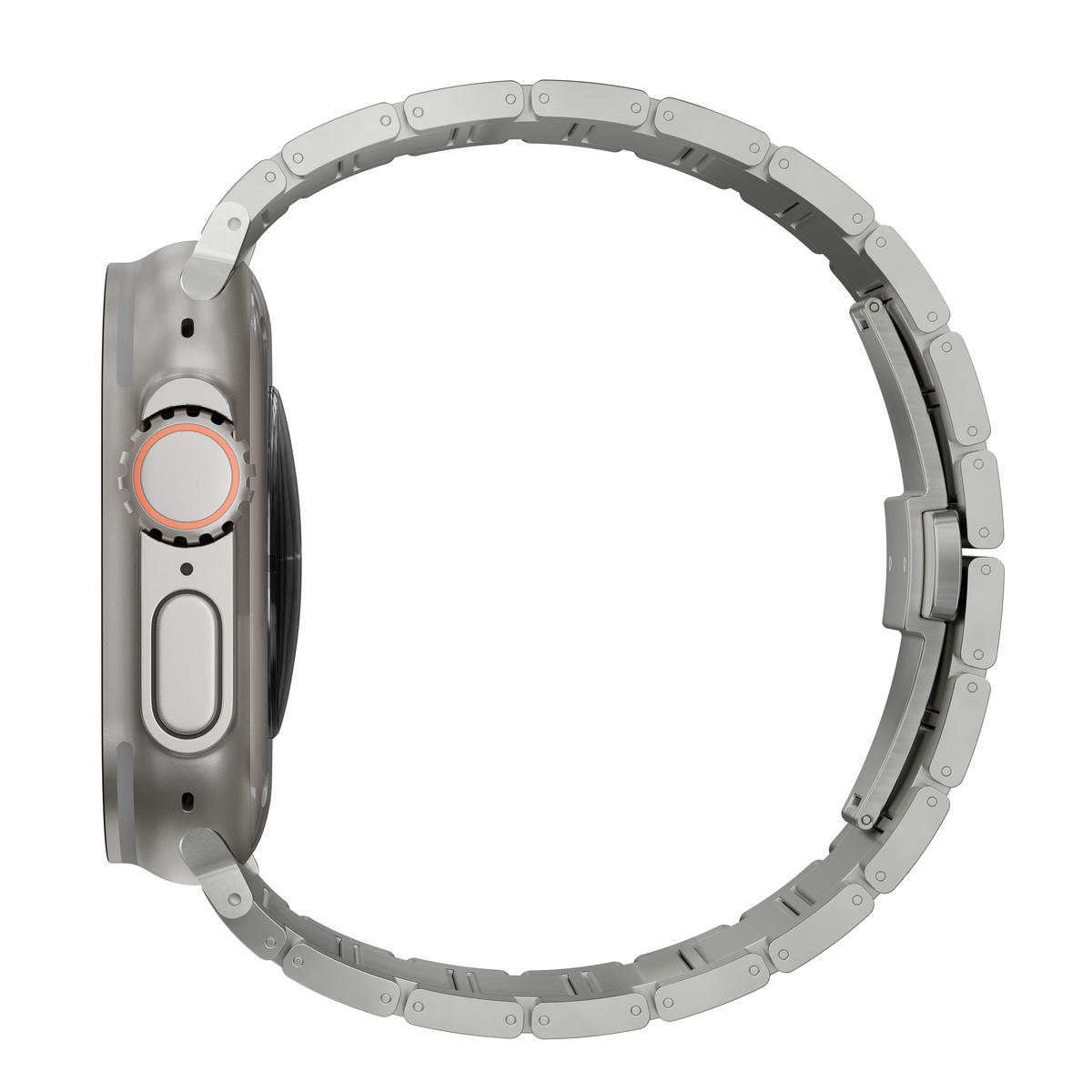 A silver Apple watch shown from the side profile, featuring a matching metallic link band and a circular orange accent ring around the digital crown.