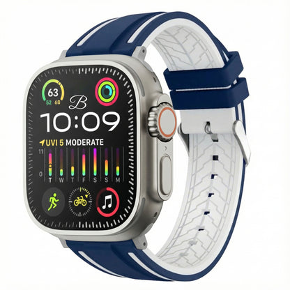 Smartwatch with a blue and white strap on a white background