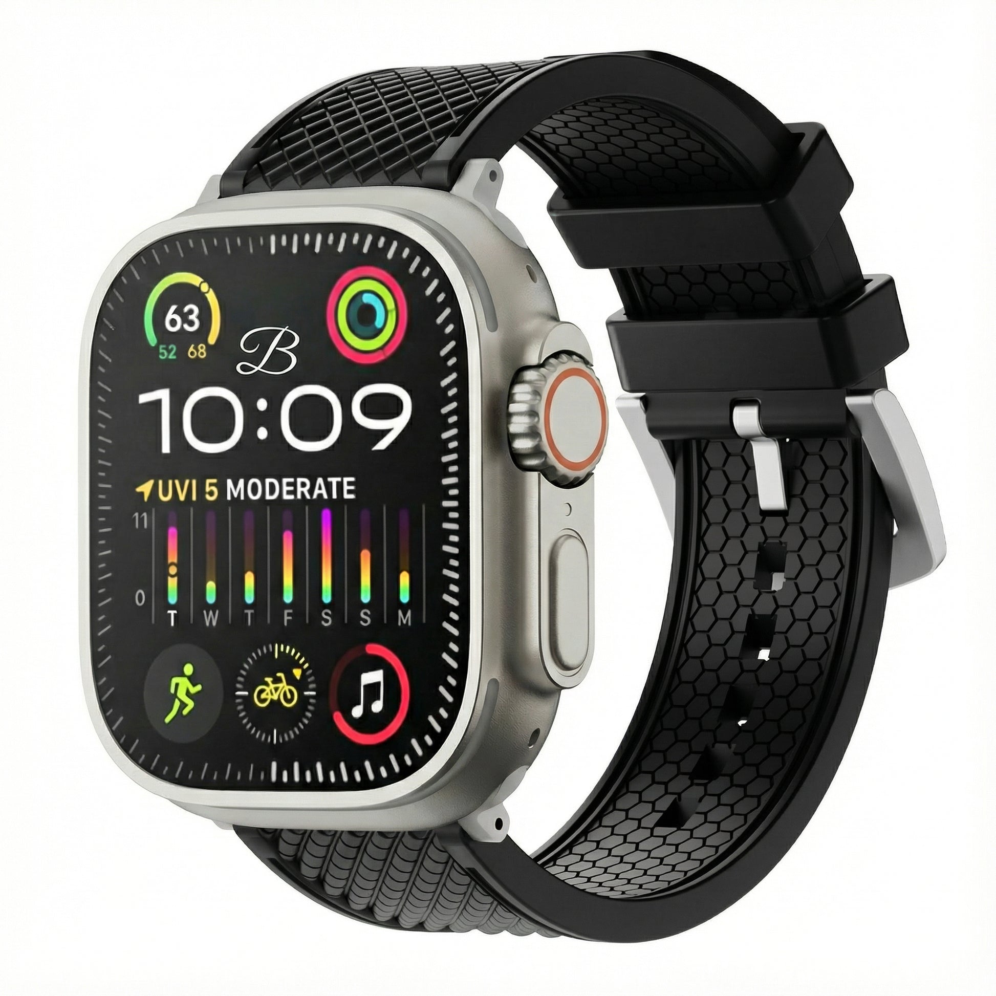Smartwatch with a black band on a white background