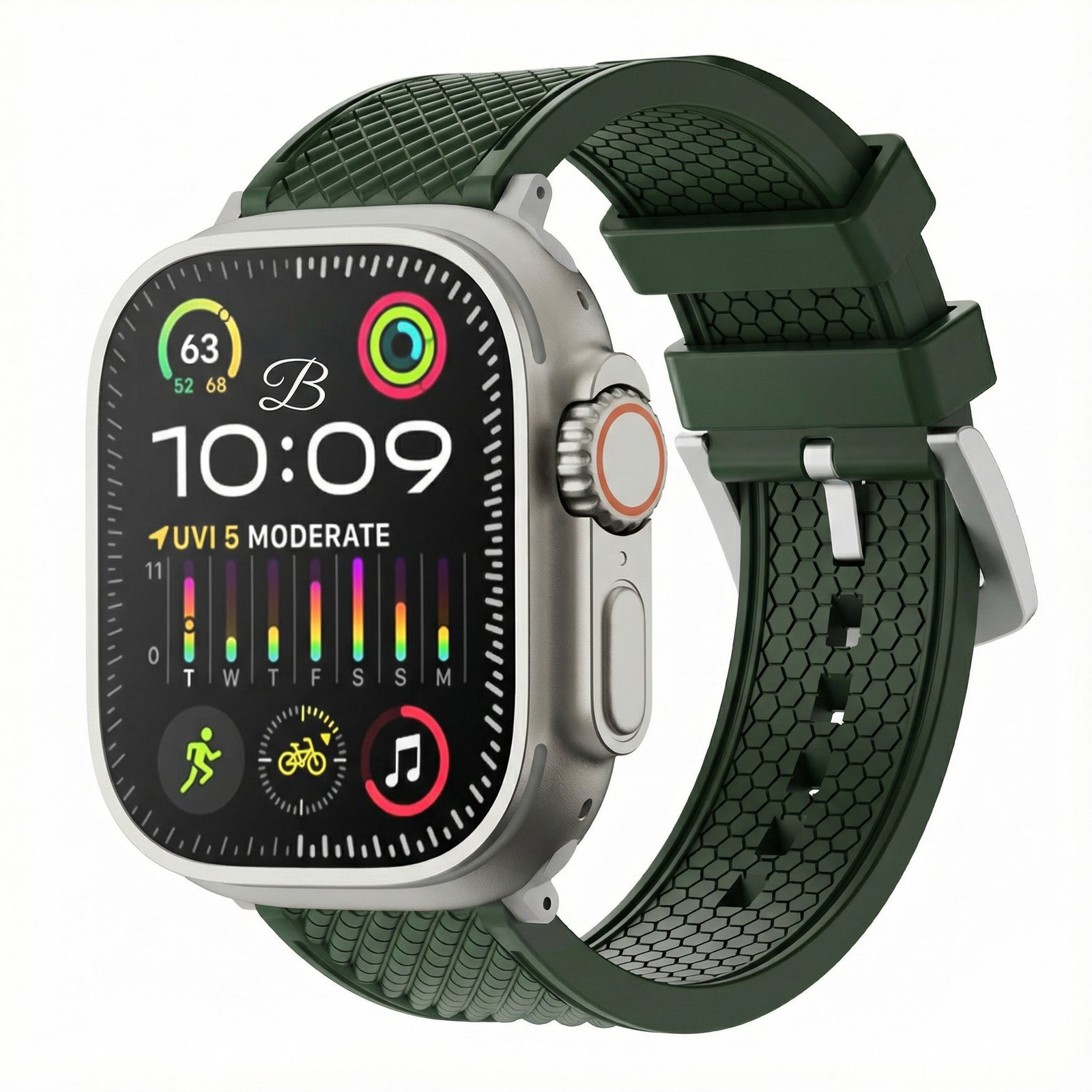 Smartwatch with a green band on a white background