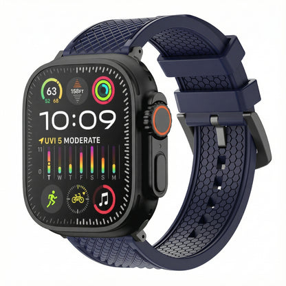 Smartwatch with a blue textured band on a white background