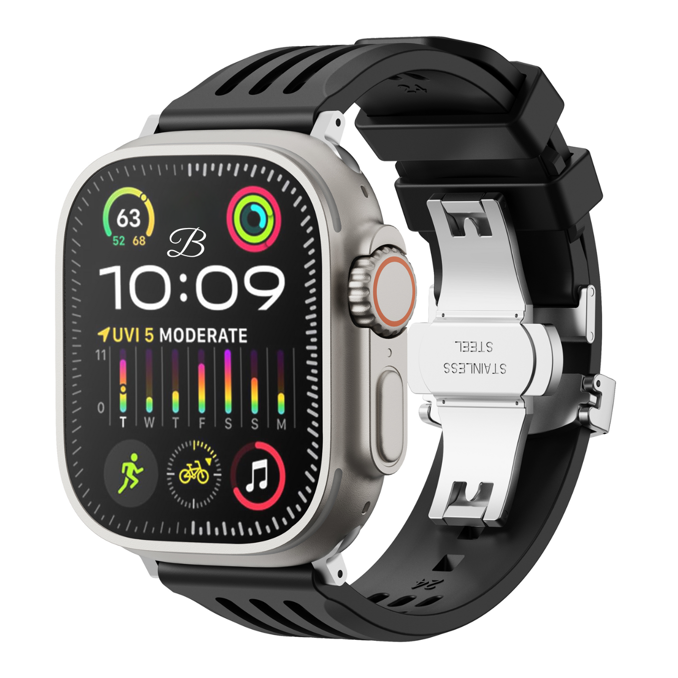 Apple watch with a black band on a white background