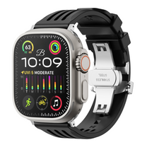 Apple watch with a black band on a white background