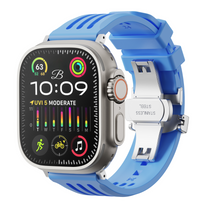 Apple watch with a blue strap on a white background