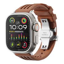 Apple watch with a brown strap and metal back on a white background