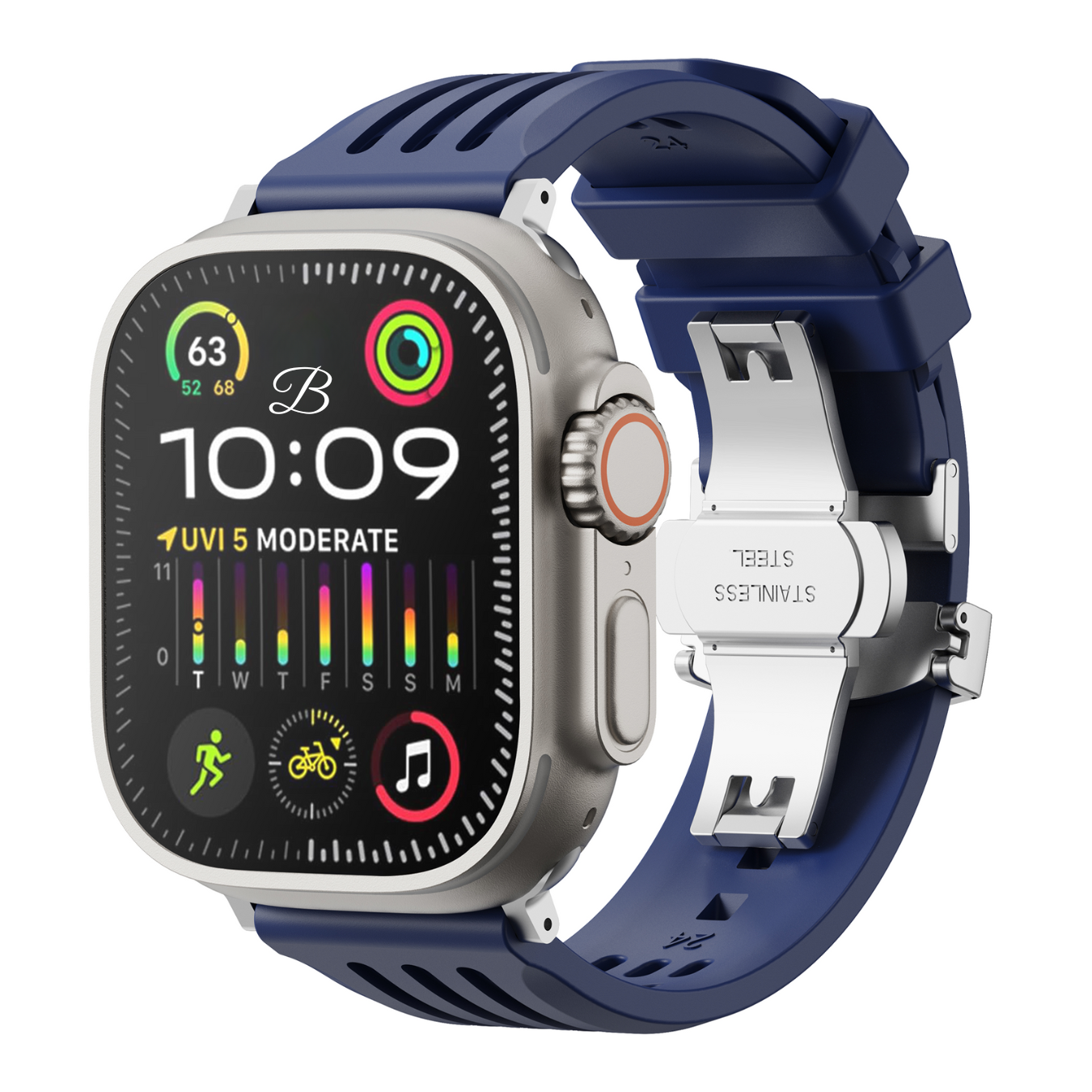 Apple watch with a blue strap and silver case on a white background