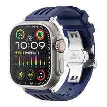 Apple watch with a blue strap and silver case on a white background