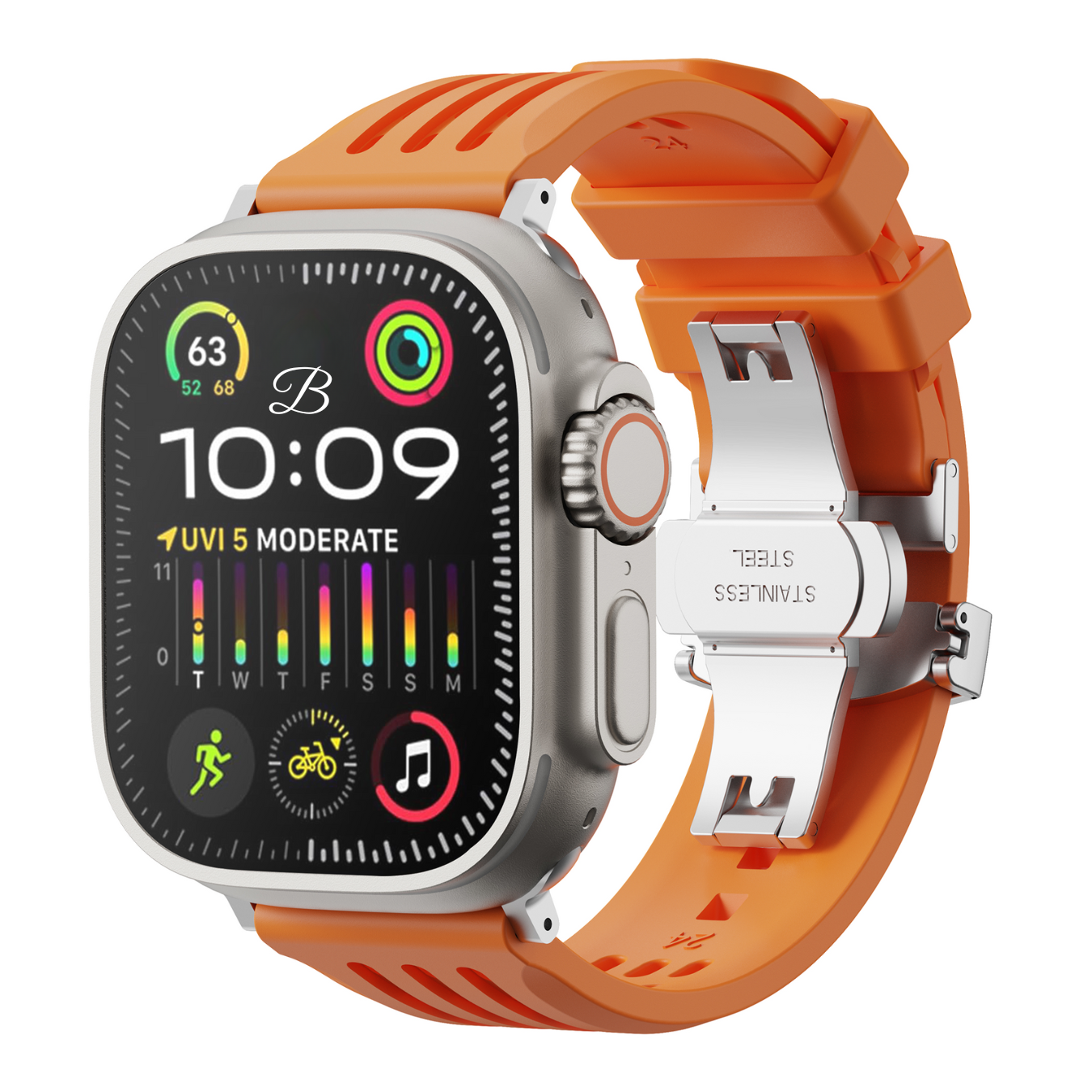 Apple watch with an orange band and metal case on a white background