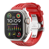 Apple watch with a red band on a white background