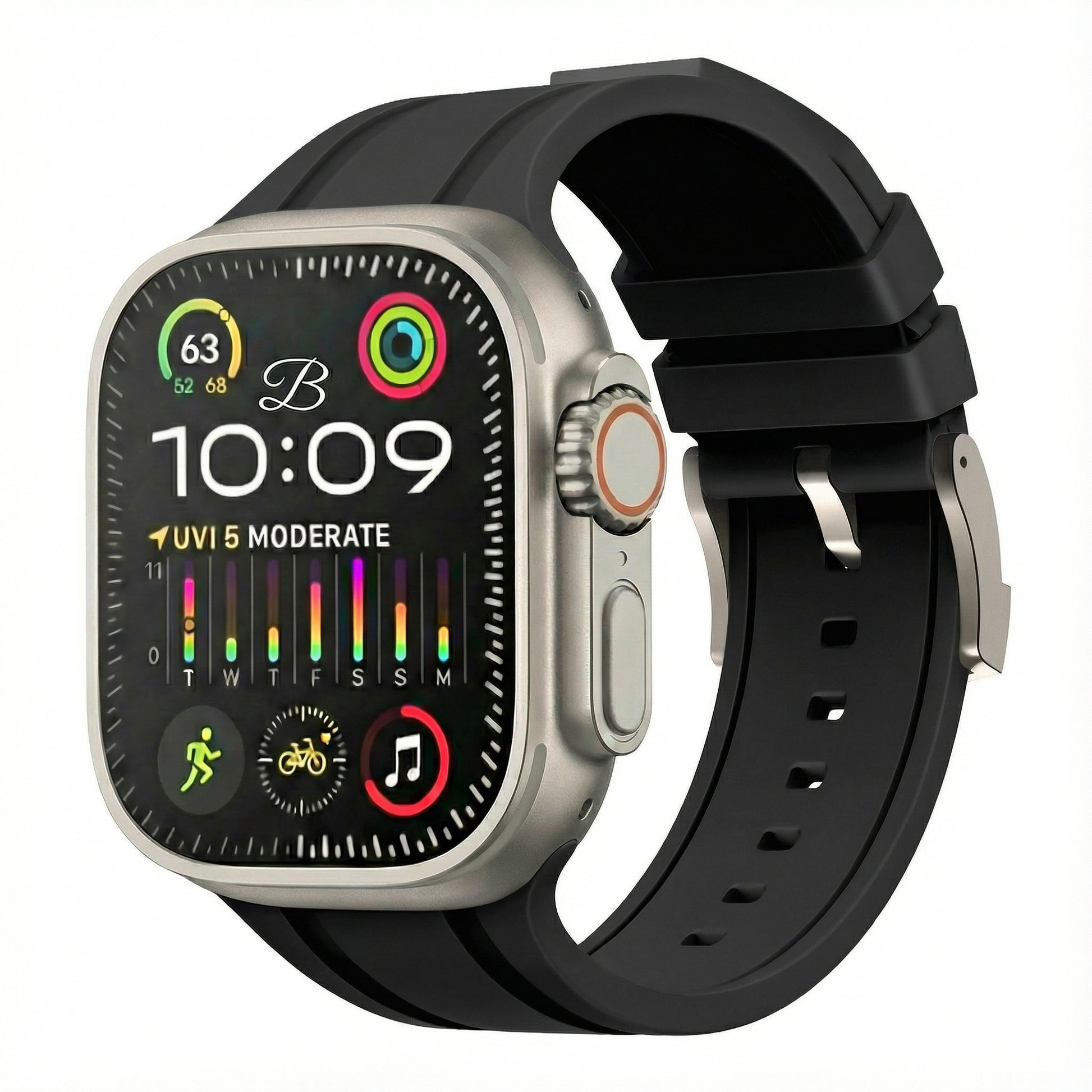 Smartwatch with a black band on a white background