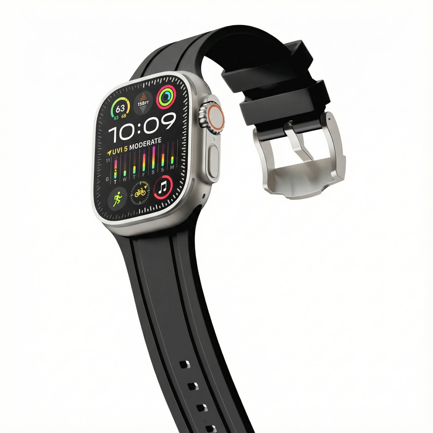 Smartwatch with a black band on a white background