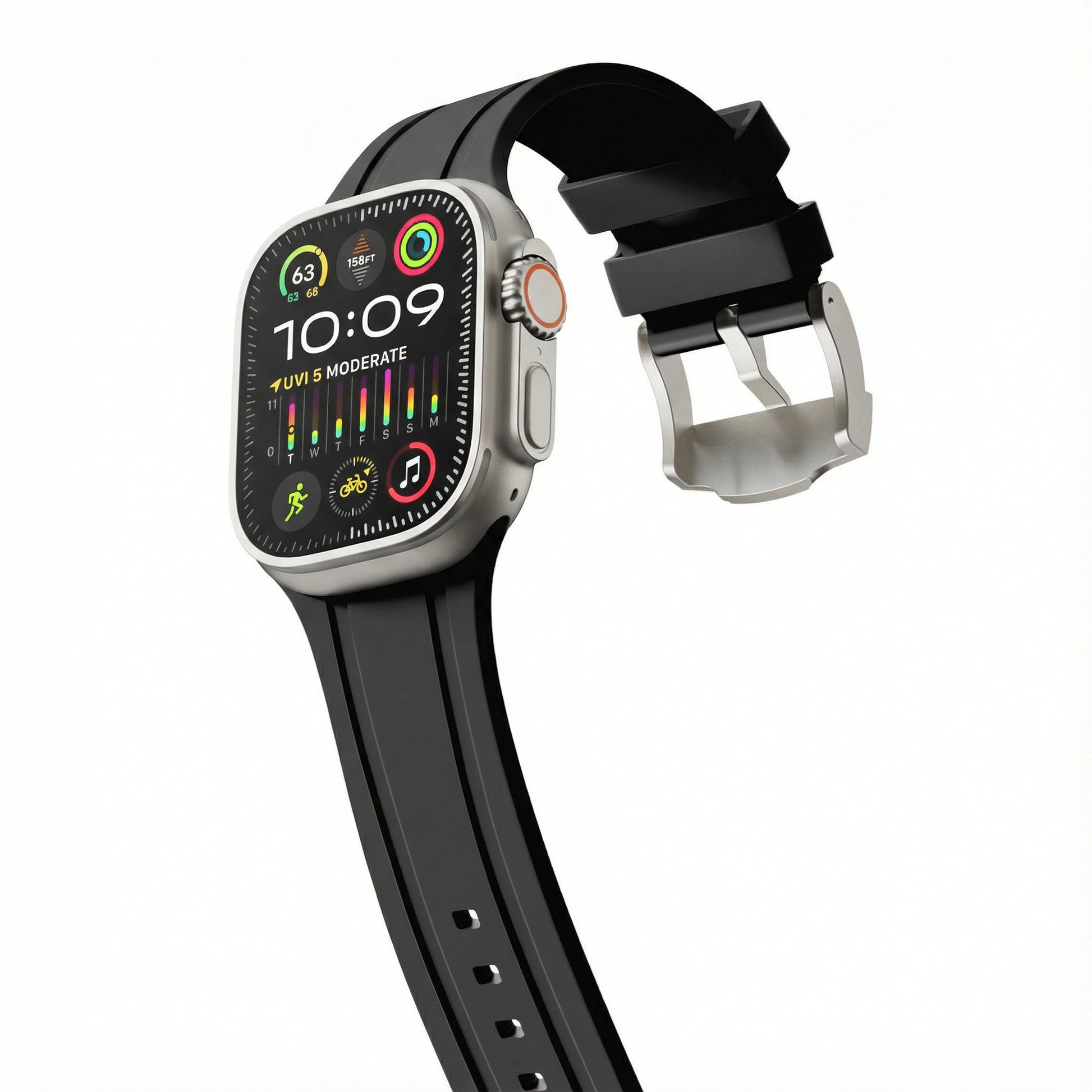 Smartwatch with a black band on a white background