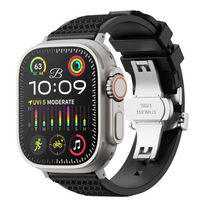 Smartwatch with a black band and metallic case on a white background