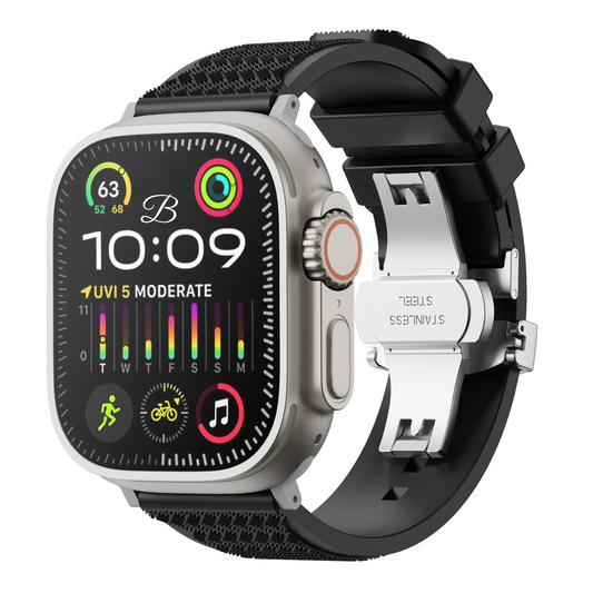 Smartwatch with a black band and metallic case on a white background