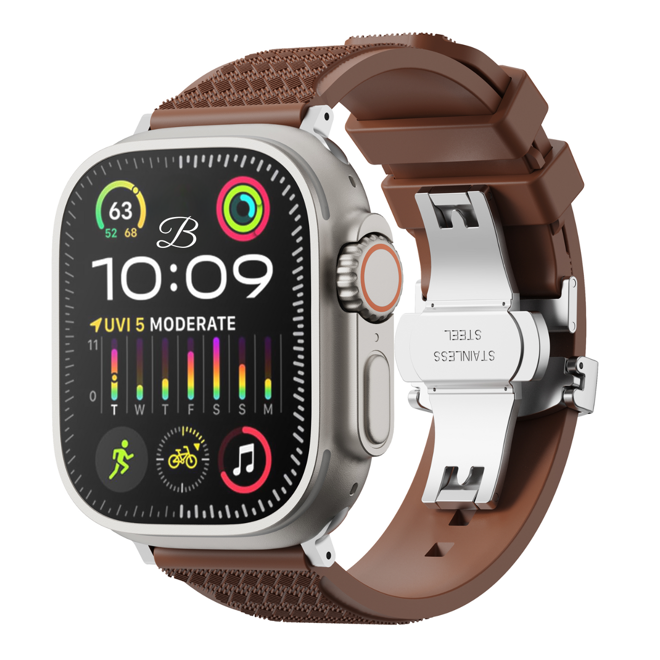 Smartwatch with a brown strap and metal back on a white background