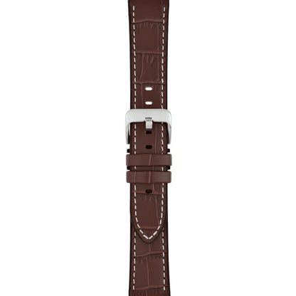 Brown leather watch strap on a white background