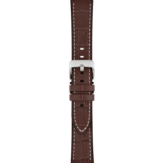 Brown leather watch strap on a white background